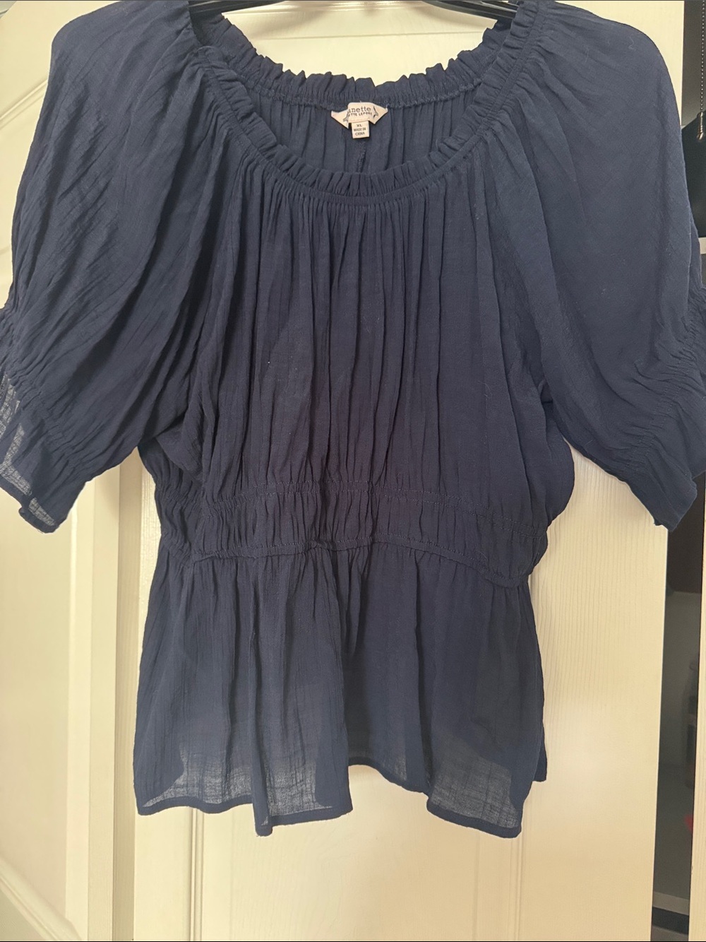 Gently Smocked Navy Blue Women's Peasant Top by Nanette Lepore